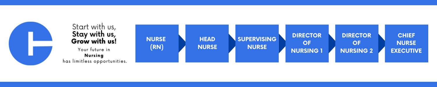Career progression pathway within the State of Connecticut: starting with Nurse, advancing to Head nurse, then Supervising Nurse, then Director of Nursing 1, then Director of Nursing 2, and ending at Chief Nurse Executive.